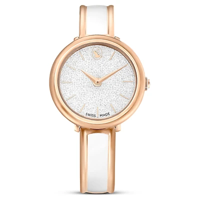 Crystalline bangle watch, Swiss Made, Metal bracelet, White, Rose gold-tone finish
