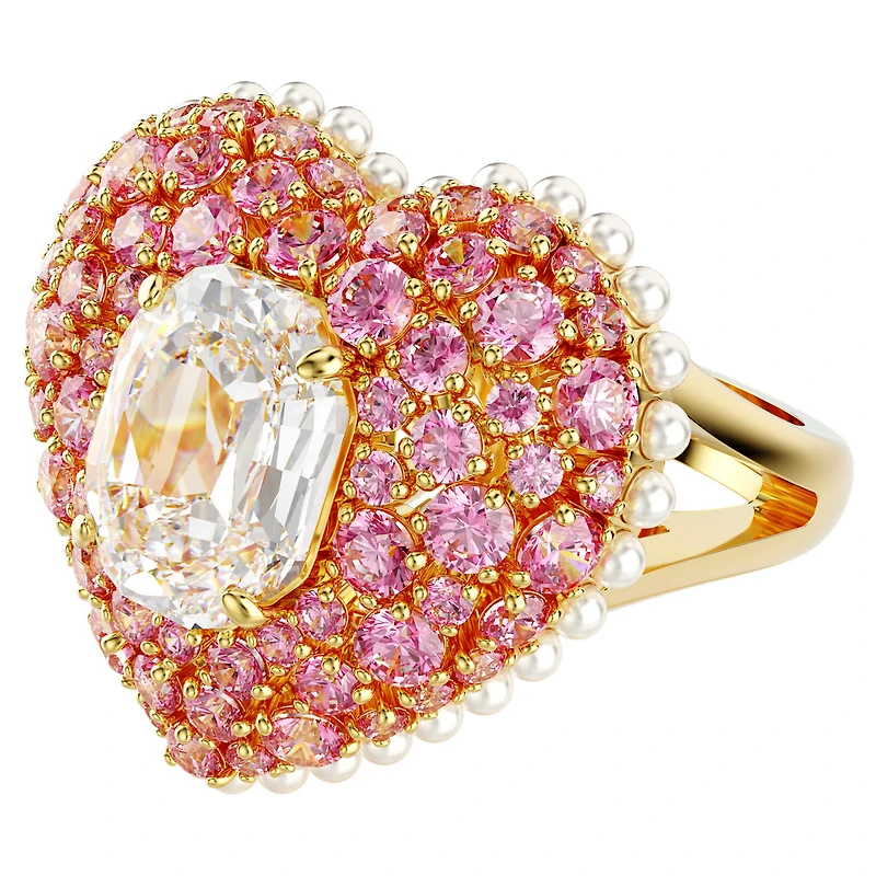 Idyllia cocktail ring, Octagon cut, Crystal pearls, Heart, Pink, Gold-tone plated