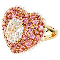 Idyllia cocktail ring, Octagon cut, Crystal pearls, Heart, Pink, Gold-tone plated