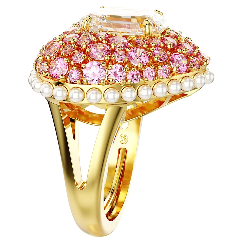 Idyllia cocktail ring, Octagon cut, Crystal pearls, Heart, Pink, Gold-tone plated