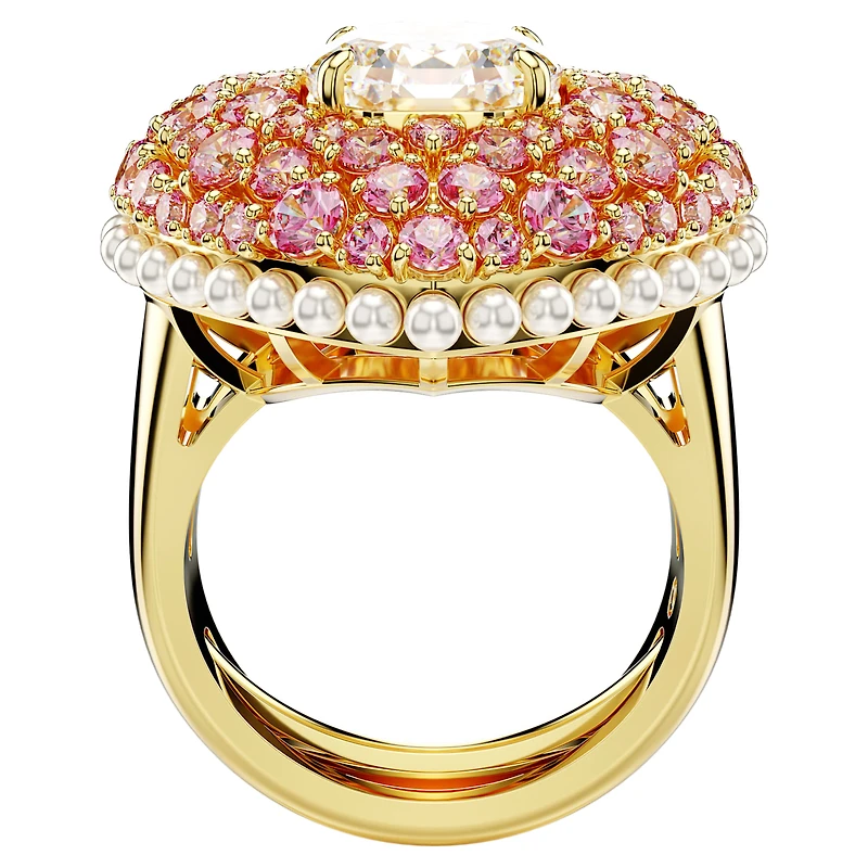 Idyllia cocktail ring, Octagon cut, Crystal pearls, Heart, Pink, Gold-tone plated