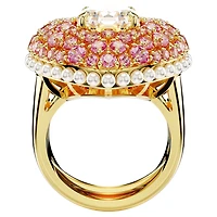 Idyllia cocktail ring, Octagon cut, Crystal pearls, Heart, Pink, Gold-tone plated