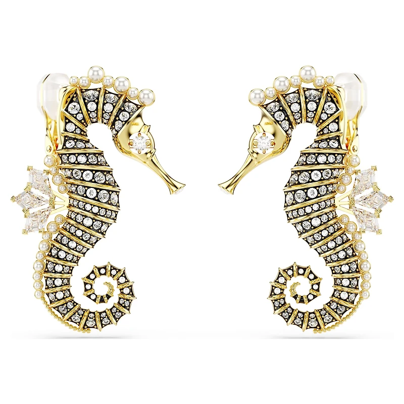 Idyllia clip earrings, Crystal pearl, Seahorse, White, Gold-tone plated by SWAROVSKI
