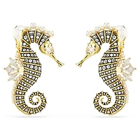 Idyllia clip earrings, Crystal pearl, Seahorse, White, Gold-tone plated by SWAROVSKI