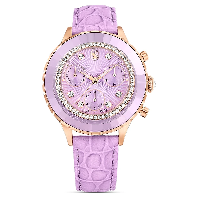 Octea chrono watch, Swiss Made, Leather strap, Purple, Rose gold-tone finish by SWAROVSKI