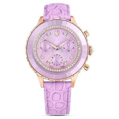 Octea chrono watch, Swiss Made, Leather strap, Purple, Rose gold-tone finish