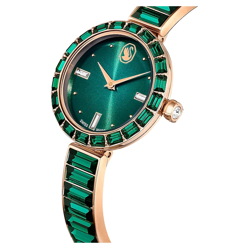 Matrix bangle watch, Swiss Made, Crystal bracelet, Green, Champagne gold-tone finish by SWAROVSKI