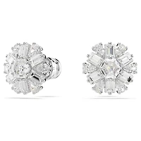 Idyllia stud earrings, Mixed cuts, Snowflake, White, Rhodium plated by SWAROVSKI