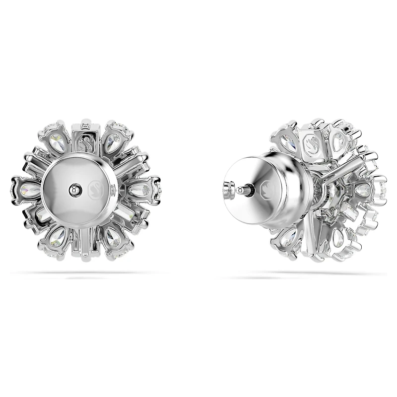 Idyllia stud earrings, Mixed cuts, Snowflake, White, Rhodium plated by SWAROVSKI