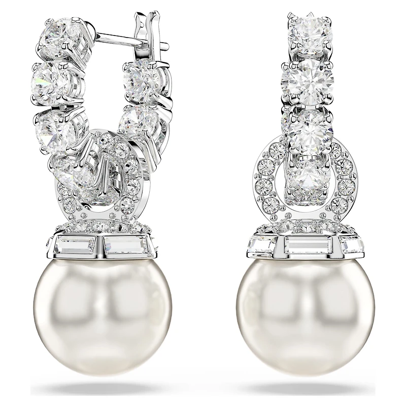 Matrix drop earrings, Crystal pearl, Round cut, White, Rhodium plated by SWAROVSKI