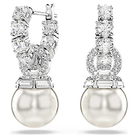 Matrix drop earrings, Crystal pearl, Round cut, White, Rhodium plated by SWAROVSKI
