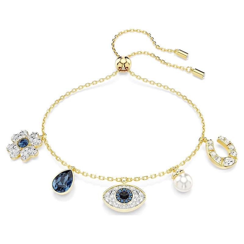 Symbolica bracelet, Crystal pearl, Clover, evil eye and horseshoe, Blue, 18K gold finish