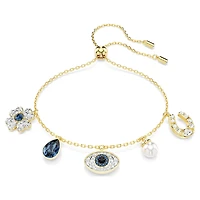 Symbolica bracelet, Crystal pearl, Clover, evil eye and horseshoe, Blue, 18K gold finish