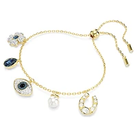 Symbolica bracelet, Crystal pearl, Clover, evil eye and horseshoe, Blue, 18K gold finish