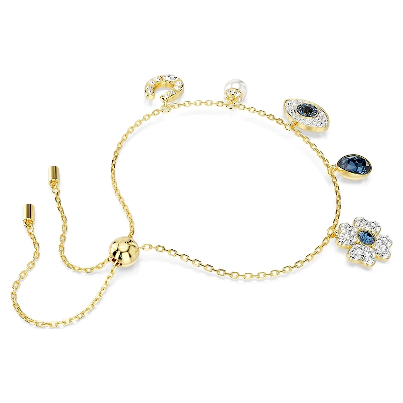 Symbolica bracelet, Crystal pearl, Clover, evil eye and horseshoe, Blue, 18K gold finish