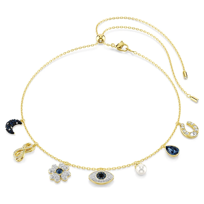 Symbolica choker, Crystal pearl, Moon, infinity, clover, evil eye and horseshoe, Blue, 18K gold finish