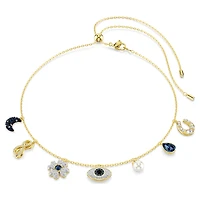 Symbolica choker, Crystal pearl, Moon, infinity, clover, evil eye and horseshoe, Blue, 18K gold finish
