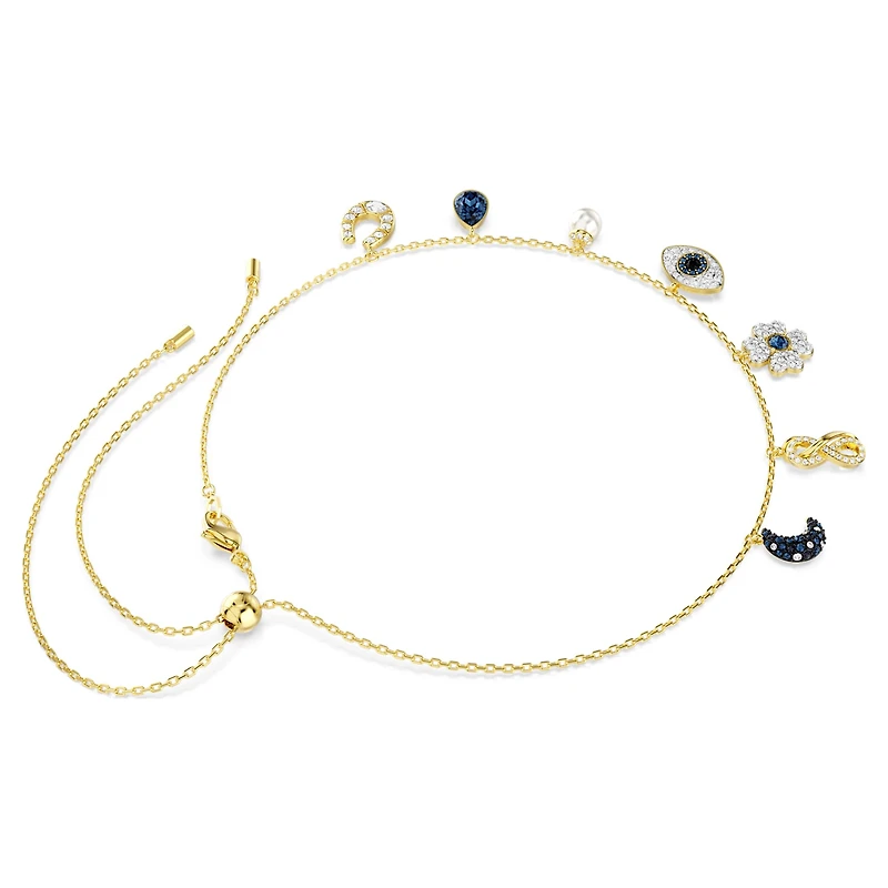 Symbolica choker, Crystal pearl, Moon, infinity, clover, evil eye and horseshoe, Blue, 18K gold finish