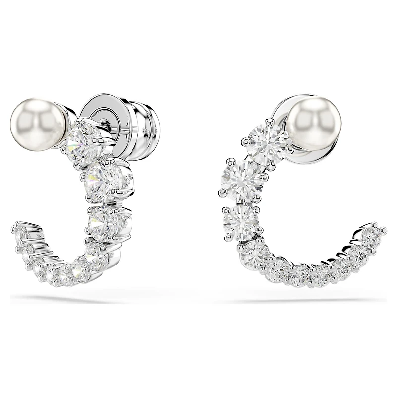 Matrix hoop earrings, Crystal pearl, Round cut, White