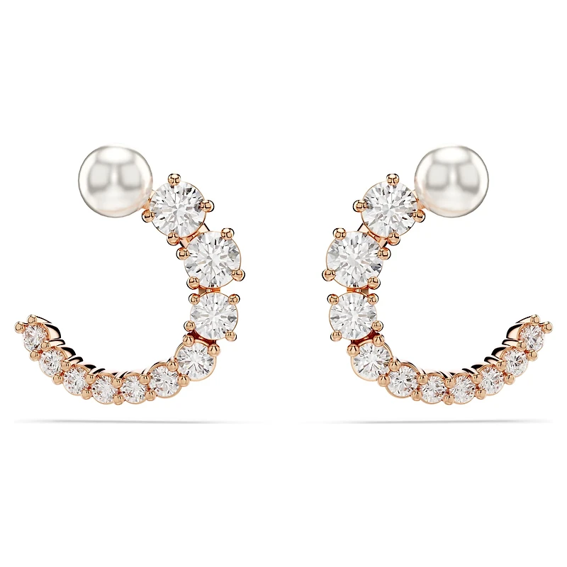 Matrix hoop earrings, Crystal pearl, Round cut, White, 18K rose gold finish