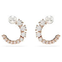 Matrix hoop earrings, Crystal pearl, Round cut, White, 18K rose gold finish