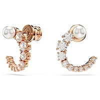 Matrix hoop earrings, Crystal pearl, Round cut, White, 18K rose gold finish