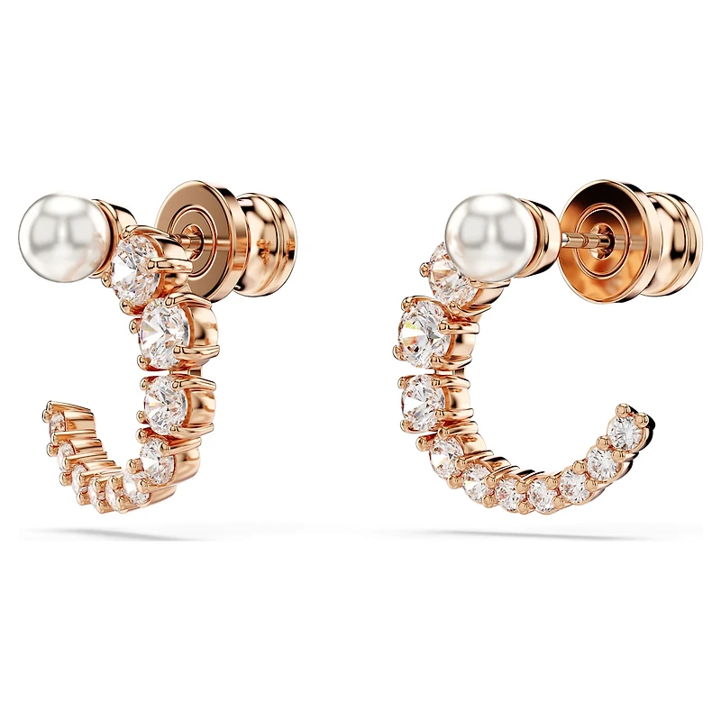 Matrix hoop earrings, Crystal pearl, Round cut, White, 18K rose gold finish