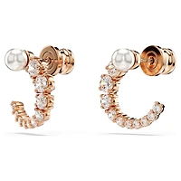 Matrix hoop earrings, Crystal pearl, Round cut, White, 18K rose gold finish