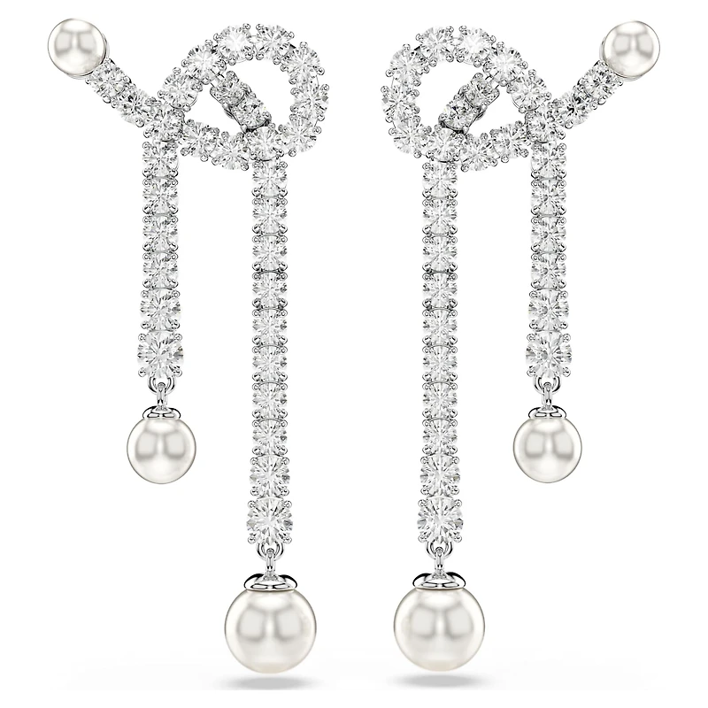 Matrix drop earrings, Crystal pearl, Round cut, White, Rhodium plated by SWAROVSKI