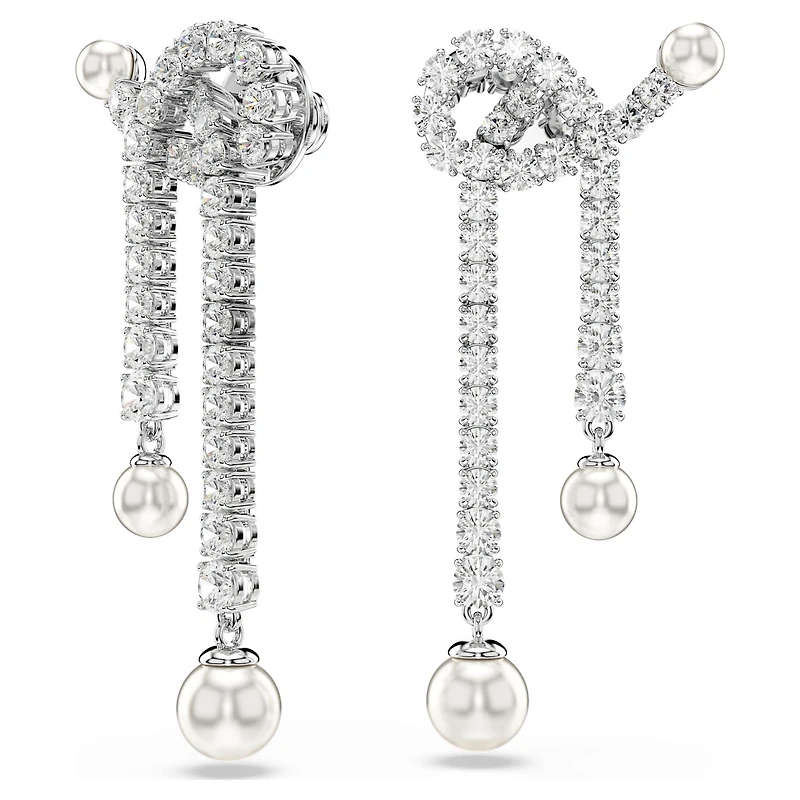 Matrix drop earrings, Crystal pearl, Round cut, White, Rhodium plated by SWAROVSKI