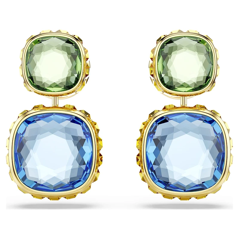 Chroma drop earrings, Cushion cut, Multicoloured, 18K gold finish