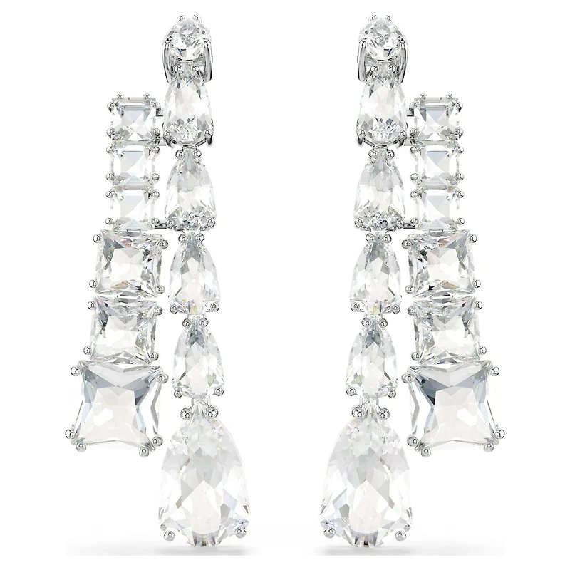 Matrix drop earrings, Mixed cuts, White, Rhodium plated by SWAROVSKI