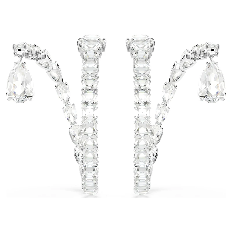 Matrix hoop earrings, Mixed cuts, White, Rhodium plated by SWAROVSKI