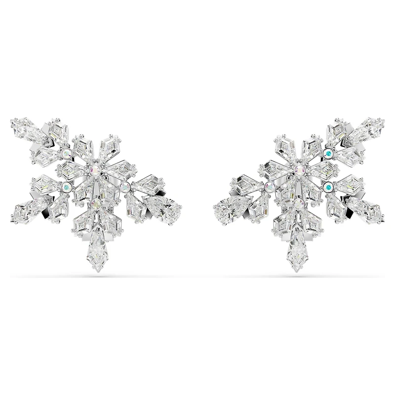 Idyllia clip earrings, Mixed cuts, Half snowflake, White, Rhodium plated by SWAROVSKI