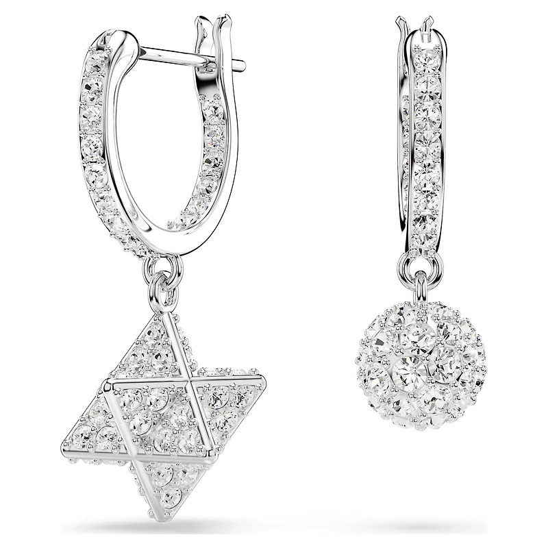 Dextera drop earrings, Asymmetrical design, Round cut, Star and sphere, White, Rhodium plated by SWAROVSKI