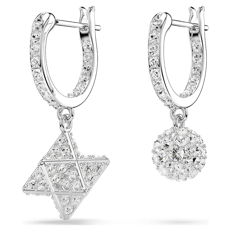 Dextera drop earrings, Asymmetrical design, Round cut, Star and sphere, White, Rhodium plated by SWAROVSKI