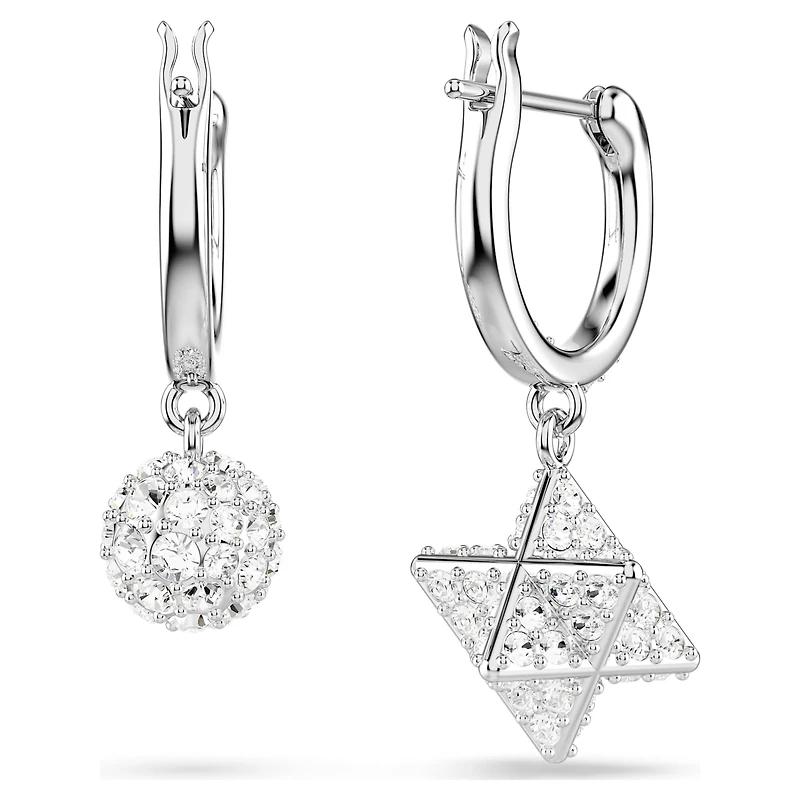 Dextera drop earrings, Asymmetrical design, Round cut, Star and sphere, White, Rhodium plated by SWAROVSKI