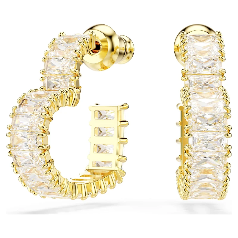 Matrix hoop earrings, Baguette cut, Heart, Small, White, 18K gold finish