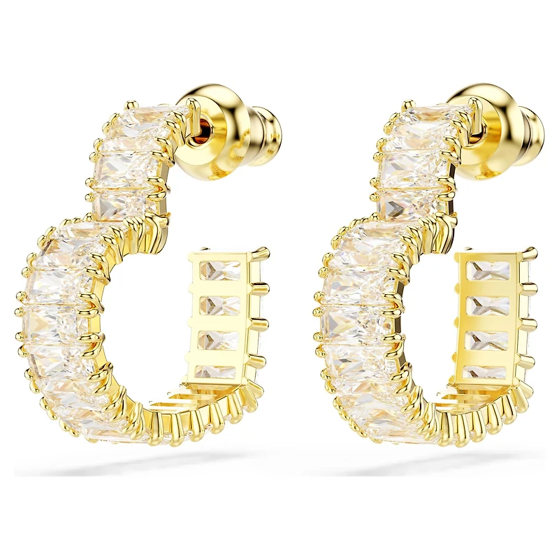 Matrix hoop earrings, Baguette cut, Heart, Small, White, 18K gold finish