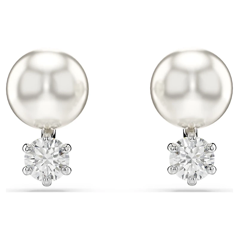 Matrix stud earrings, Crystal pearl, Round cut, White, Rhodium plated by SWAROVSKI