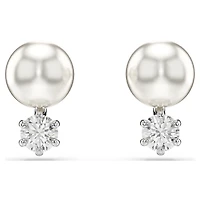 Matrix stud earrings, Crystal pearl, Round cut, White, Rhodium plated by SWAROVSKI