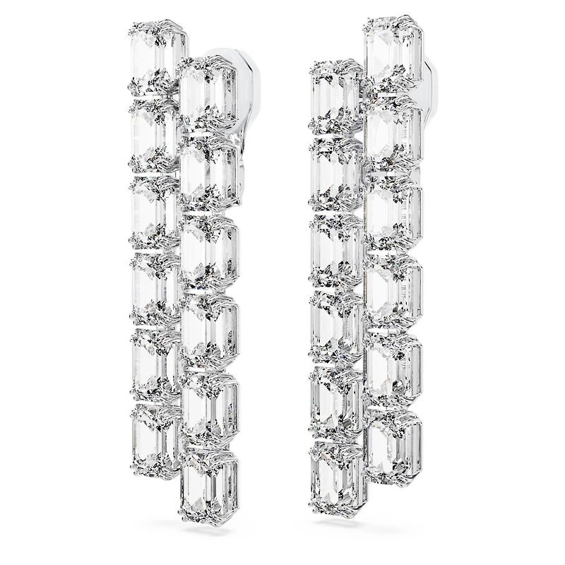 Millenia clip earrings, Octagon cut, Long, White, Rhodium plated by SWAROVSKI