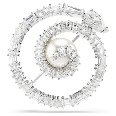 Snake brooch, Crystal pearl, Mixed cuts, Year of the Snake, White, Rhodium plated