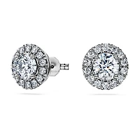 Eternity halo stud earrings, Lab-grown diamonds 2 ct tw, Round shape, 14K white gold