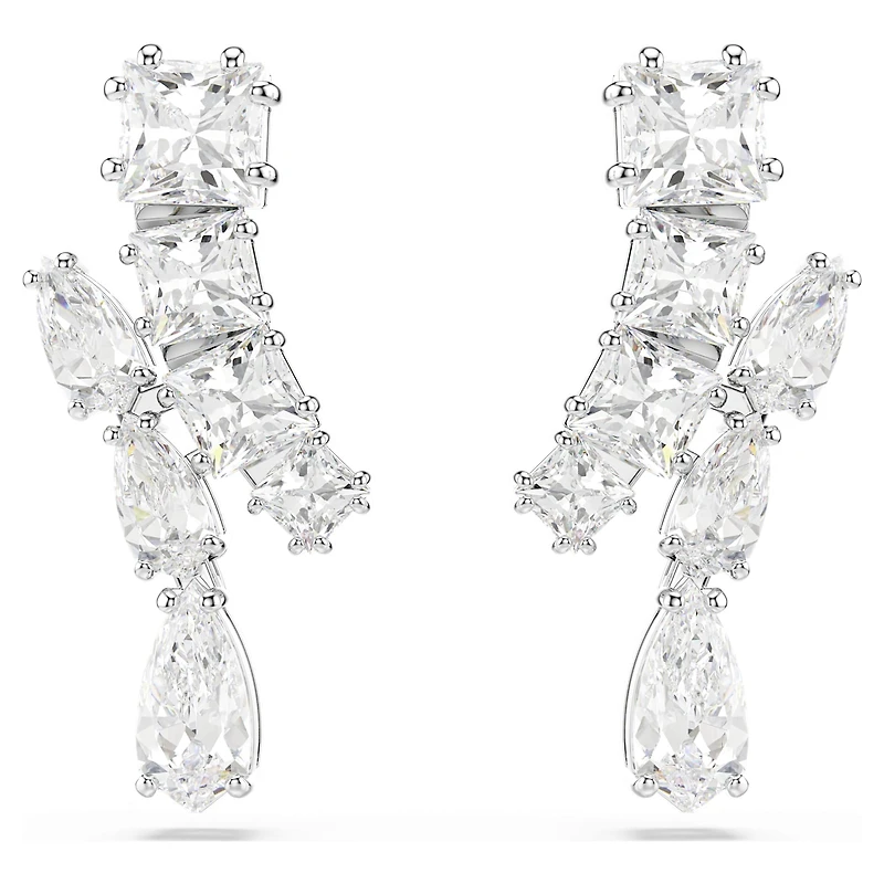 Matrix drop earrings, Mixed cuts, White, Rhodium plated by SWAROVSKI
