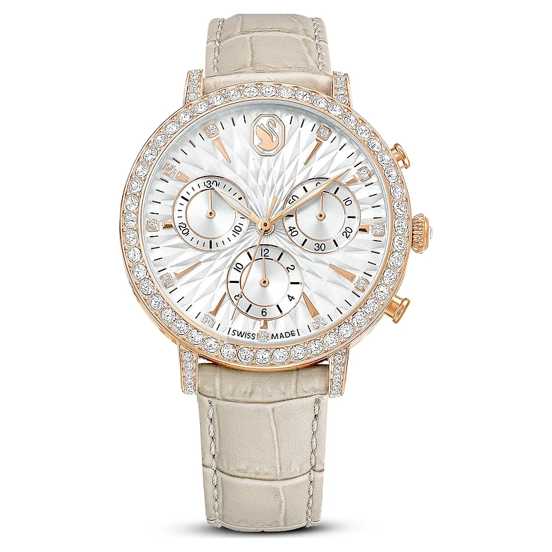 Matrix tennis chrono watch, Swiss Made, Leather strap, Beige, Rose gold-tone finish by SWAROVSKI