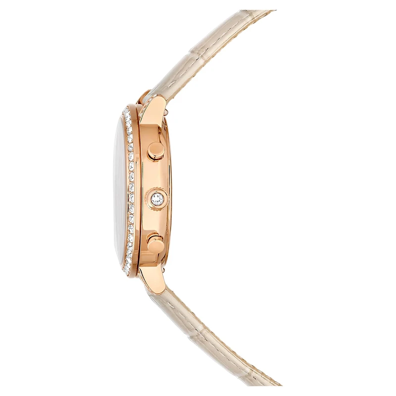 Matrix tennis chrono watch, Swiss Made, Leather strap, Beige, Rose gold-tone finish by SWAROVSKI