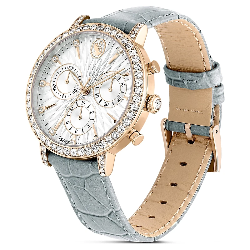 Matrix tennis chrono watch, Swiss Made, Leather strap, Grey, Champagne gold-tone finish by SWAROVSKI