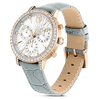 Matrix tennis chrono watch, Swiss Made, Leather strap, Grey, Champagne gold-tone finish by SWAROVSKI
