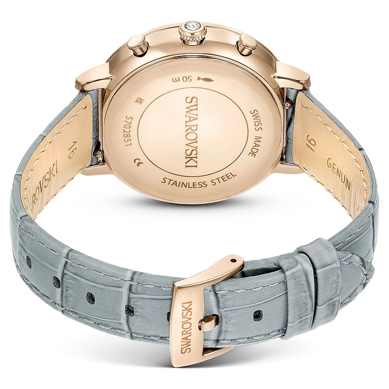 Matrix tennis chrono watch, Swiss Made, Leather strap, Grey, Champagne gold-tone finish by SWAROVSKI